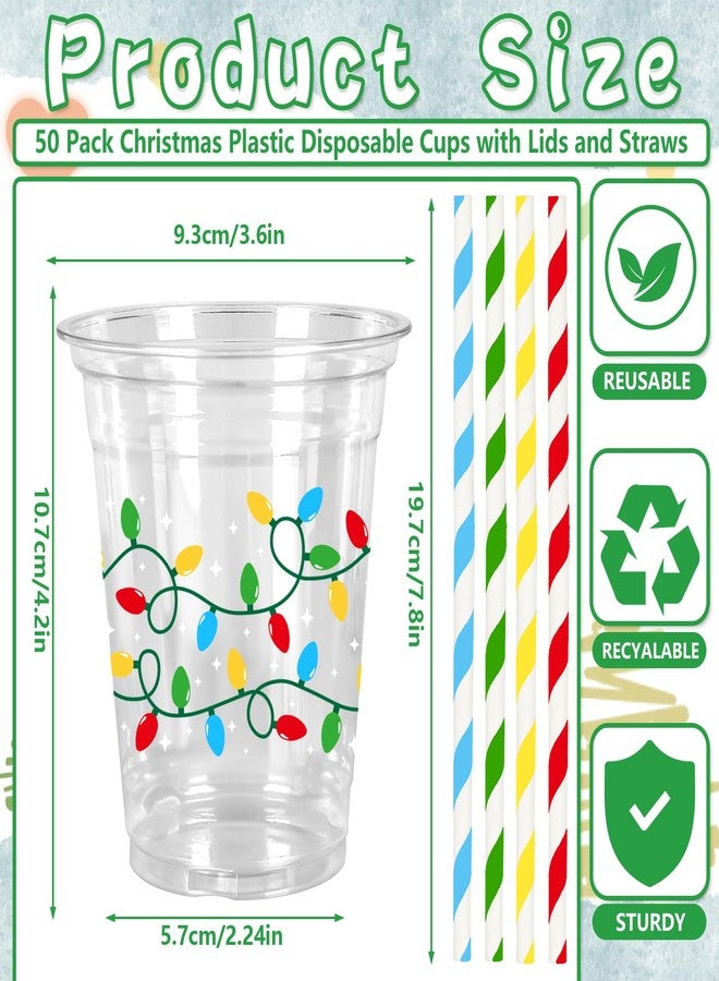 JarThenaAMCS أكواب بلاستيكية من JarThenaAMCS، 50 قطعة، مع أغطية وماصات، مزينة بأضواء عيد الميلاد الملونة، سعة 12 أونصة، باللون الأحمر والأخضر والأصفر والأزرق، أكواب للاستخدام مرة واحدة لعيد الميلاد والشتاء - Image 2